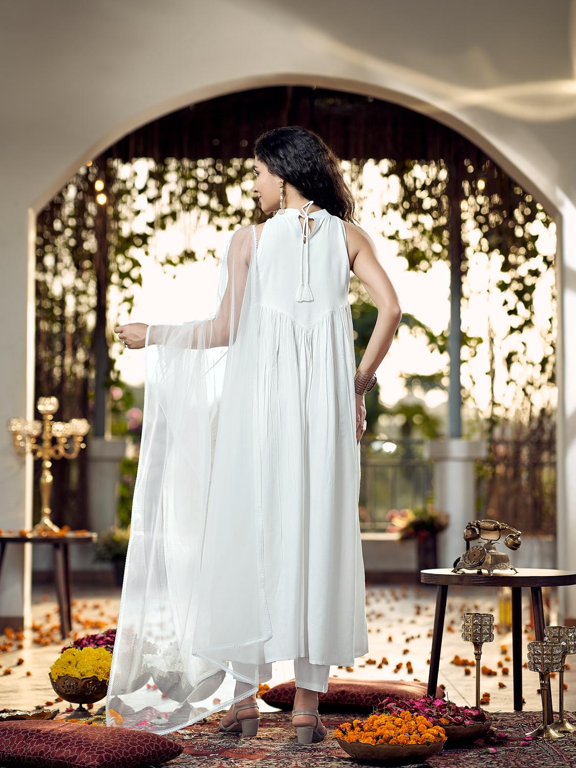 White Halter Neck Gathered Rayon Kurta Set With Yoke Embroidery